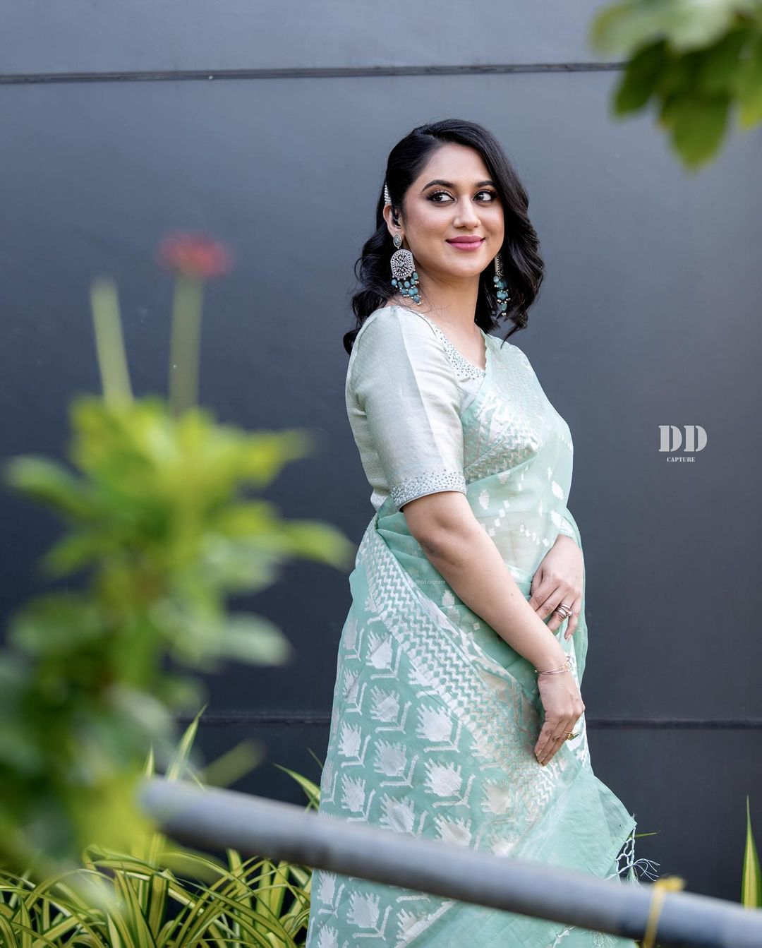 Malayalam Actress Miya George Images in Light Green Saree